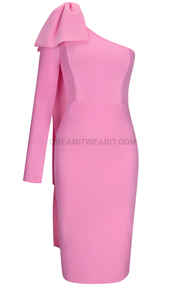One Sleeve Bow Detail Midi Dress Pink ...